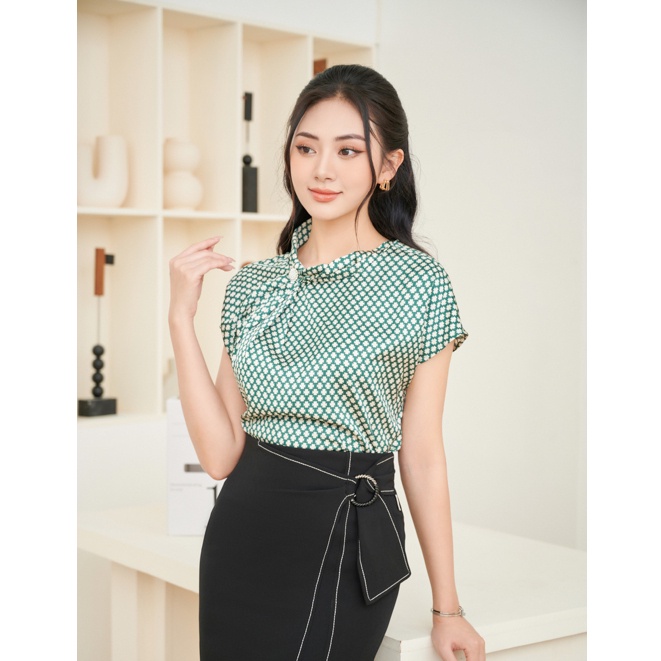Áo sơ mi lụa kẻ xanh phối cổ thắt nơ Orchid - AH2S571