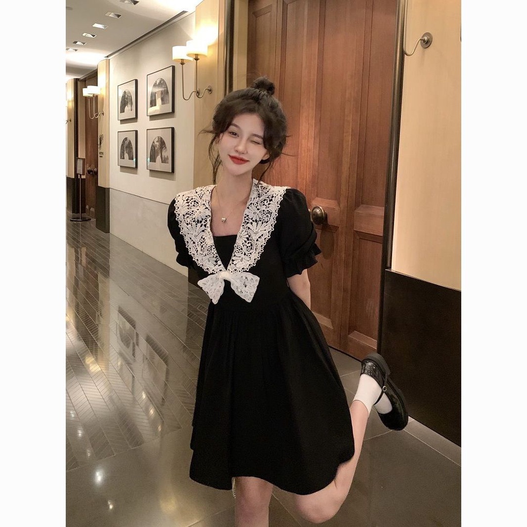 Đầm Đen Cổ Búp Bê Phối Ren Thời Trang Mùa Hè Cho Nữ Có Size Lớn