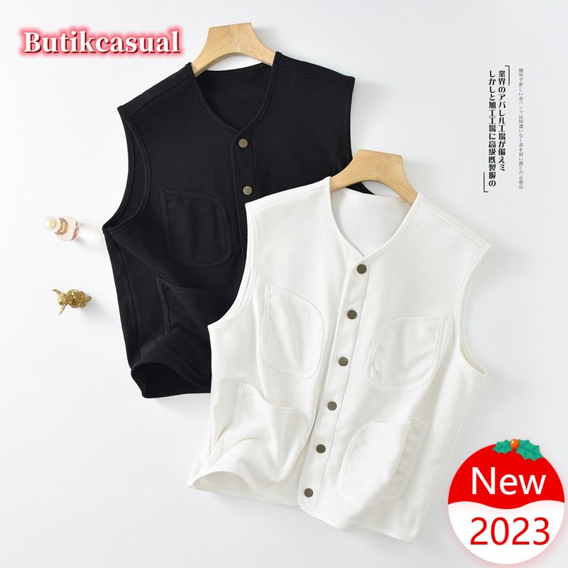 Áo Thun Trơn 100% cotton Mỏng Không Tay Cổ Chữ V Rộng Cài Nút Thời Trang Xuân Hè 2023 Cho Nữ