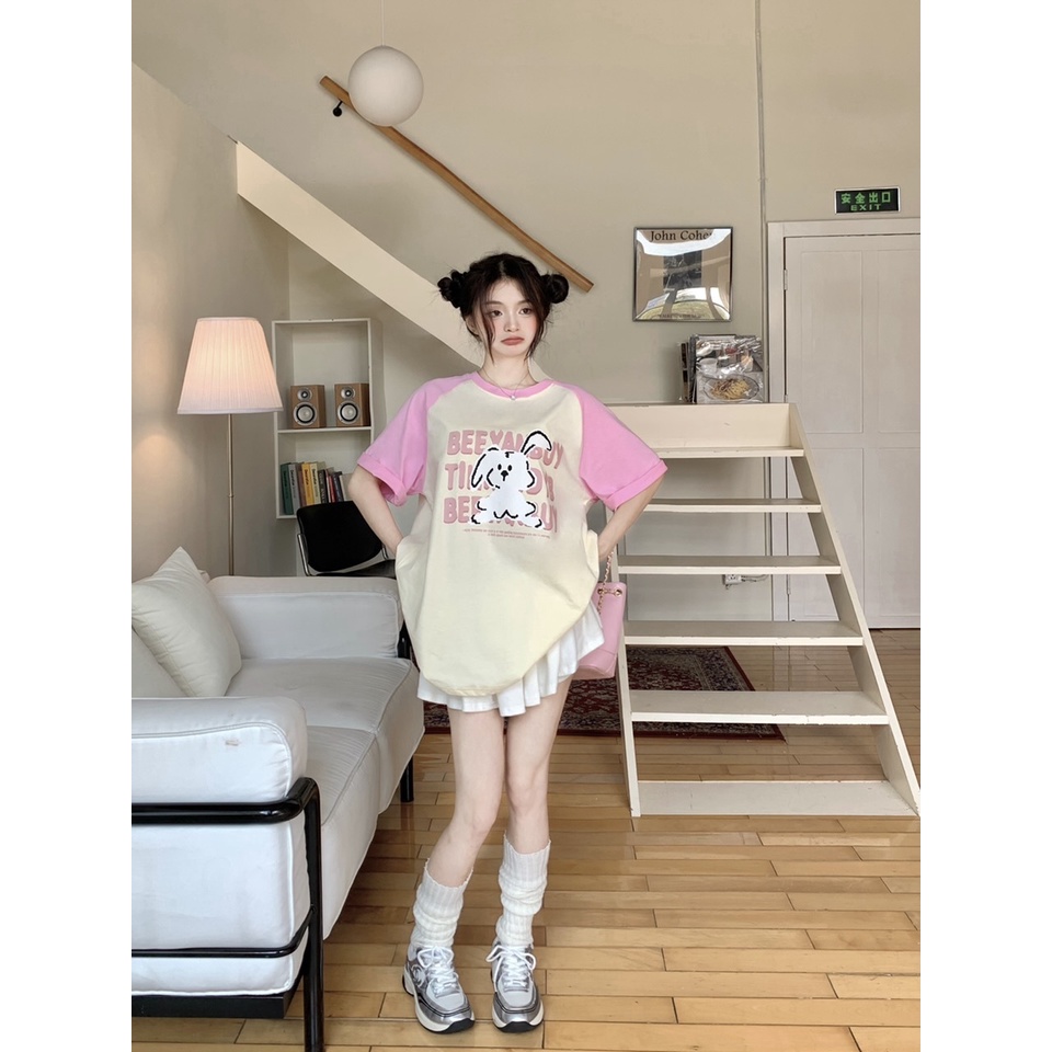 Áo Thun Tay Ngắn Cổ Tròn In Hình Thỏ Nhỏ Dễ Thương Phối Màu Phong Cách Cổ Điển Thời Trang Cho Nữ