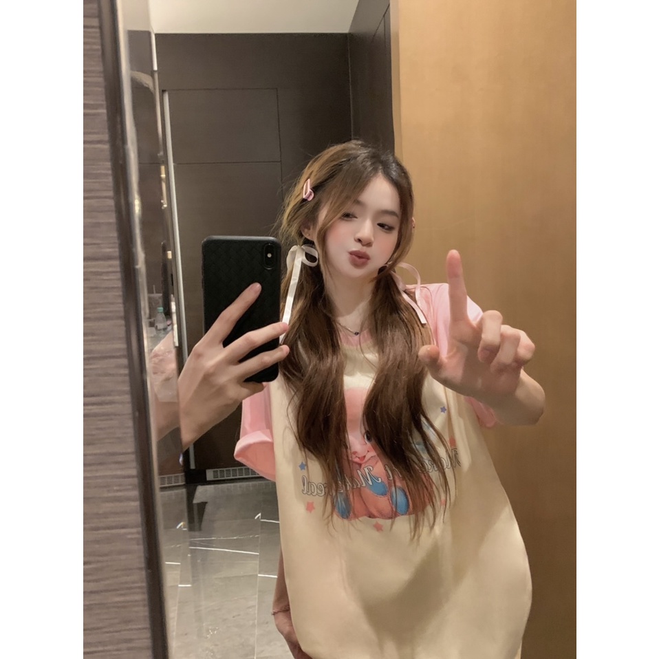 Áo Thun Tay Ngắn Cổ Tròn In Hình Gấu Dễ Thương Phong Cách vintage Dành Cho Nữ