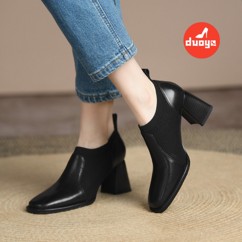 Duoya Giày Da Cao Gót Dệt Kim Màu Nâu Miệng Sâu Nhỏ Phong Cách Anh Quốc Cho Nữ