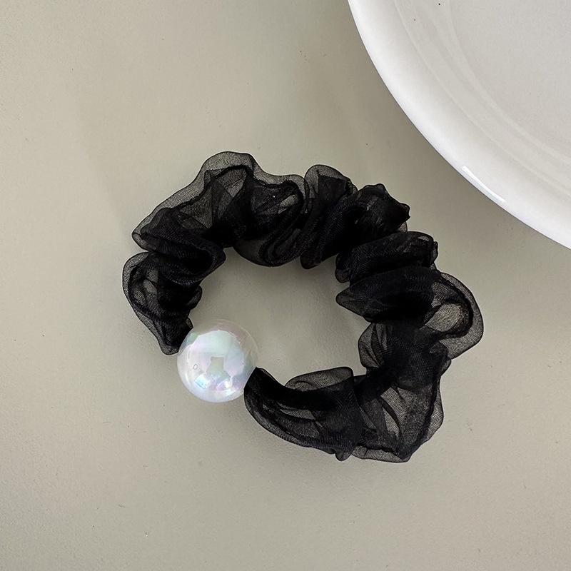 Dây Cột Tóc Lưới Co Giãn Đính Hạt Ngọc Trai Màu Đen / Be Phong Cách Hàn Quốc