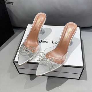 Giày cao gót mũi nhọn phối nơ đính đá lấp lánh xinh xắn