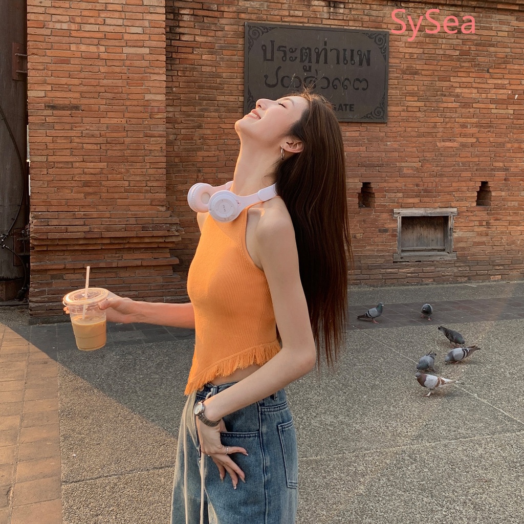 Áo Hai Dây Dệt Kim Ôm Dáng Phối Tua Rua Thời Trang Mùa Hè Cho Nữ