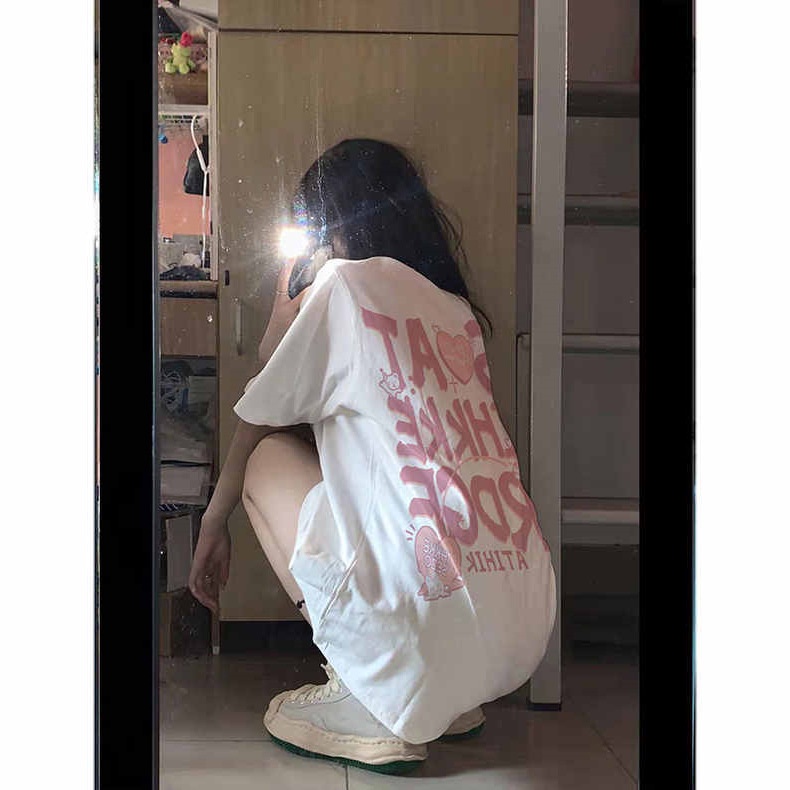 Áo Thun Cotton Ngắn Tay Dáng Rộng In Chữ Sau Lưng Thời Trang Mùa Hè Cho Nữ