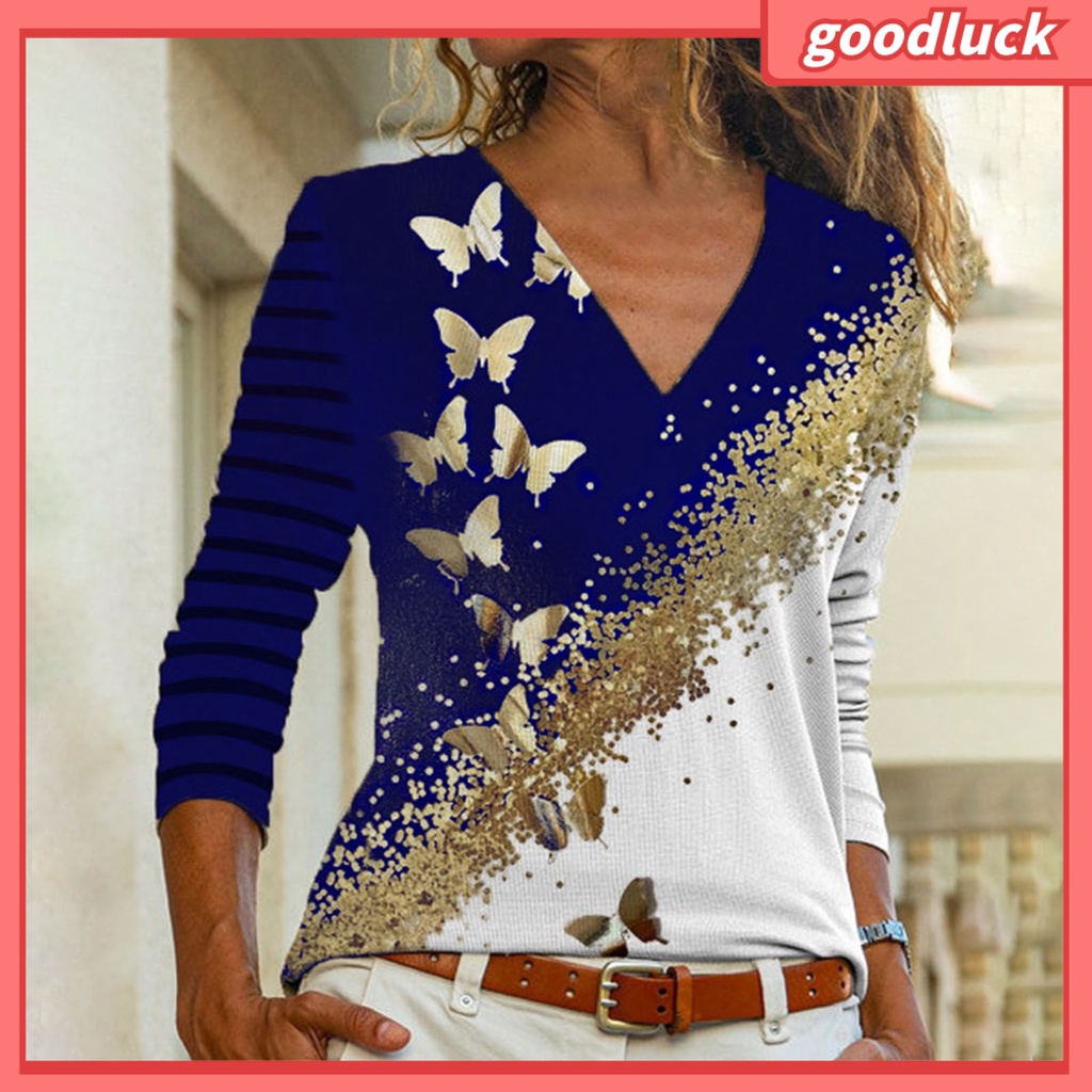 Áo Thun Nữ Tay Dài Cổ Chữ V In Hình Bướm Thời Trang
