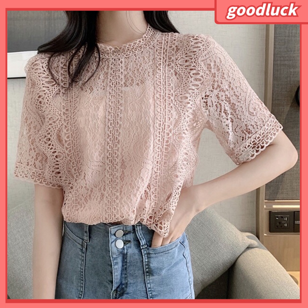 Áo Sơ Mi Tay Ngắn Cổ Tròn Dáng Rộng Phối Ren Thanh Lịch Thời Trang Mùa Hè