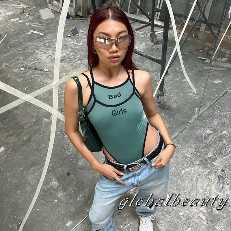 Bộ Áo Liền Quần Hai Dây Màu Sắc Tương Phản In Chữ 00GB Dành Cho Nữ