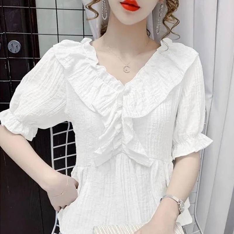 Áo Thun Tay Phồng Cổ Chữ V Phong Cách Pháp Thời Trang Mùa Hè Mới Cho Nữ