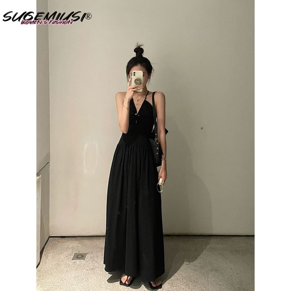 Sugemiusi Đầm Hai Dây Màu Đen Phong Cách Pháp Thời Trang Mùa Hè Sang Trọng