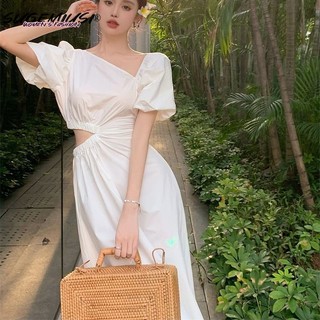 Sugemiusi Đầm Trắng Tay Phồng Nhấn Eo Mỏng Phong Cách Pháp Thời Trang Cho Nữ