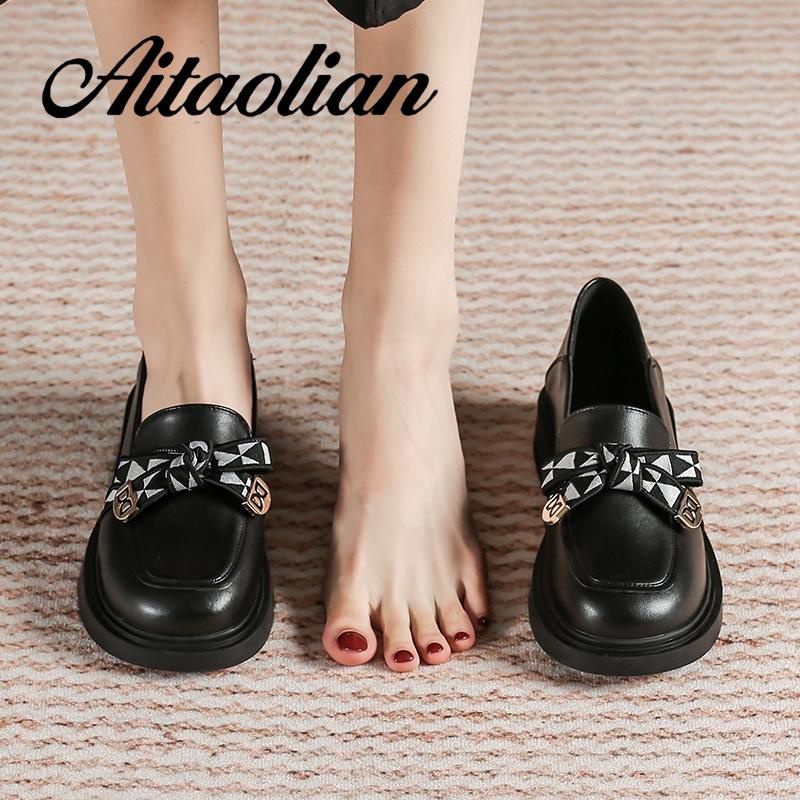 Giày Lười Da Đế Bằng 3cm Đính Nơ Phong Cách Anh Quốc Thời Trang