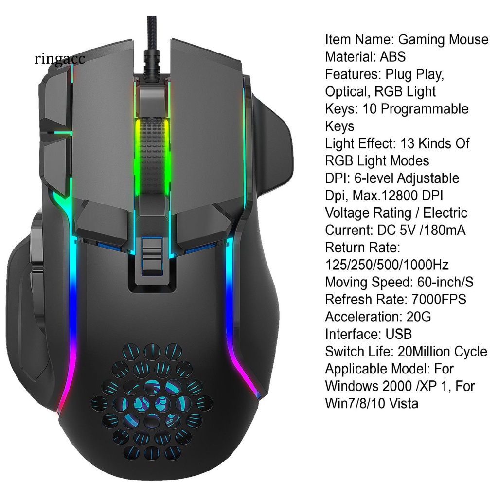 Chuột Quang Có Dây RGA RGB 10 Nút DPI Chơi Game Chuyên Nghiệp Chuột Chơi Game Giao Diện USB 12800DPI 12800