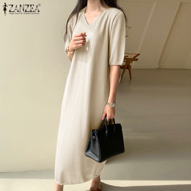 Đầm dài dệt kim ZANZEA cổ chữ V tay ngắn thời trang Hàn Quốc cho nữ