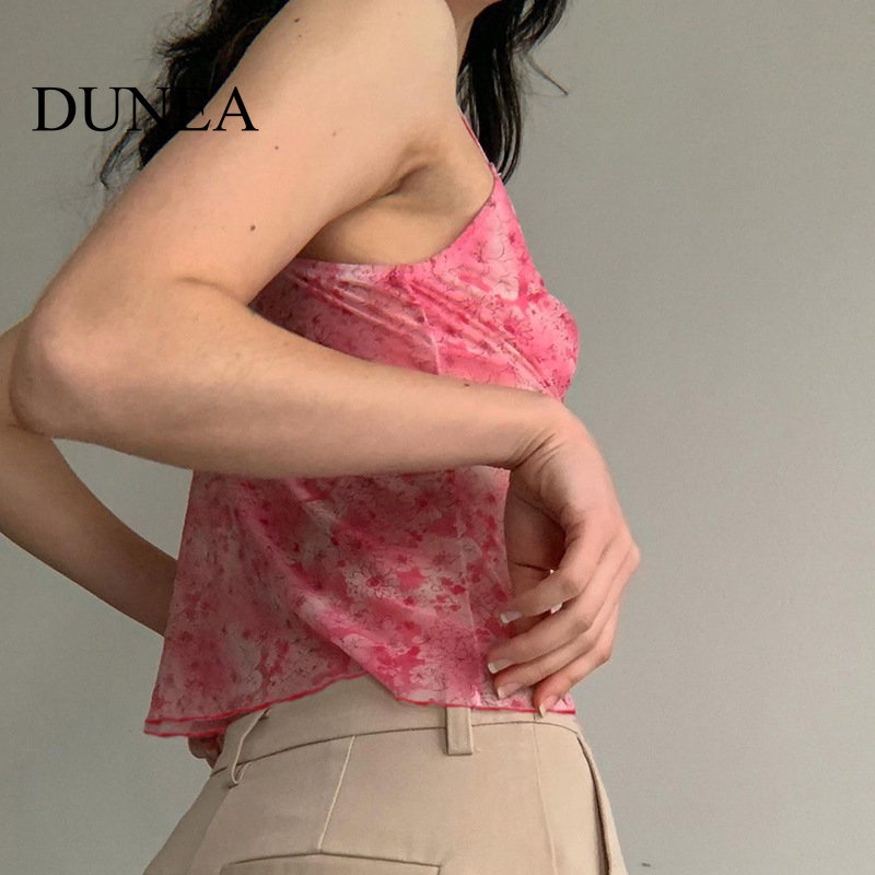 DUNEA Áo Tank Top Cổ Chữ V Phối Lưới Họa Tiết Hoa Quyến Rũ Cho Nữ