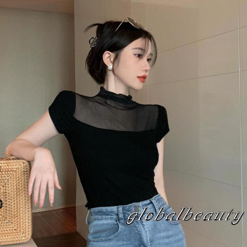 Áo Thun Crop Top Tay Ngắn Phối Lưới Mỏng Thời Trang Mùa Hè Cho Nữ
