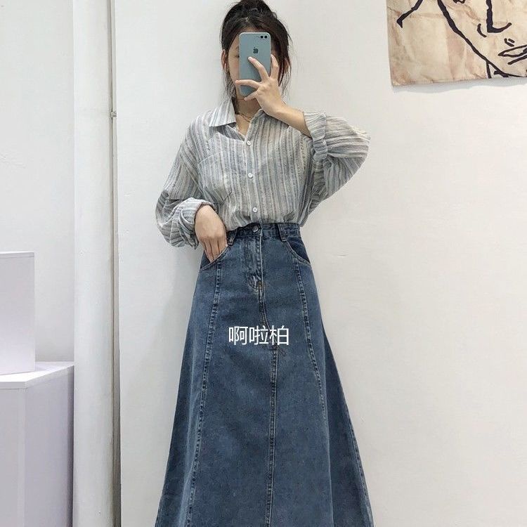 Chân Váy Denim Dài Dáng Chữ a Lưng Cao Thời Trang Xuân Thu Cho Nữ