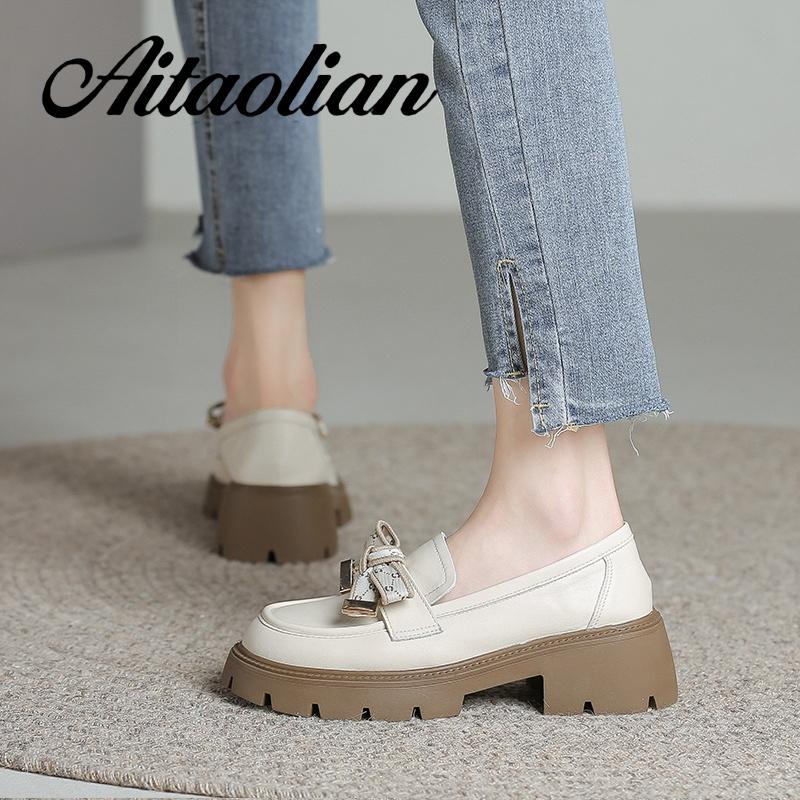 Giày Cao Gót 5cm Da Thật Mềm Đính Nơ Đơn Giản Phong Cách Anh Quốc Cho Nữ Thời Trang