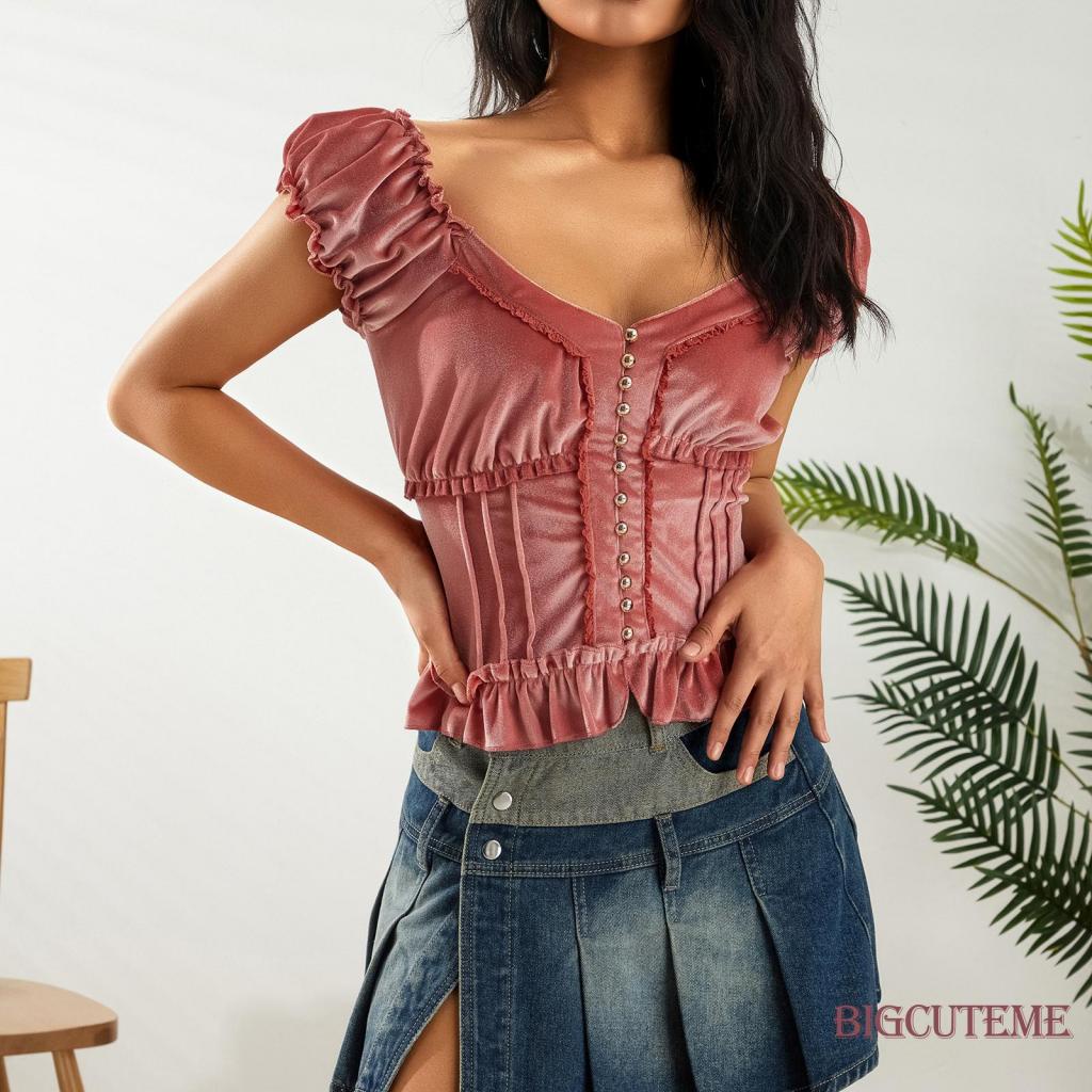 Áo Croptop Tay Ngắn Cổ Vuông Thời Trang Mùa Hè Xinh Xắn Cho Nữ