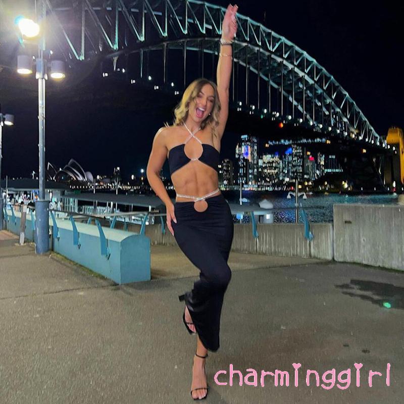 Set Áo Cổ Yếm Không Tay Màu Sắc Trơn Và Chân Váy Dài Thời Trang Mùa Hè Cho Nữ