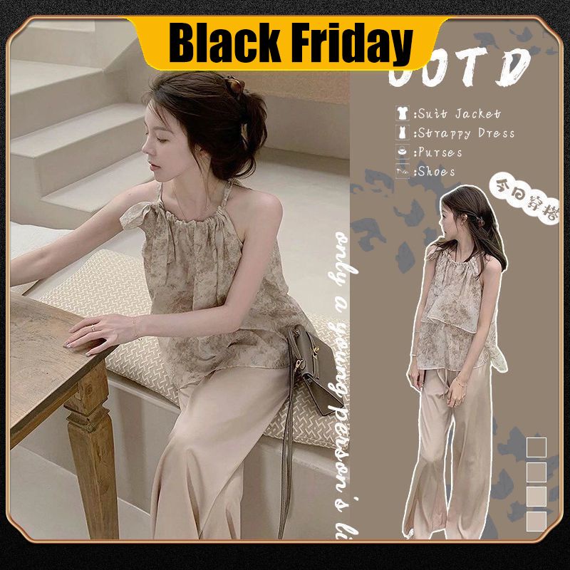 Set Áo Thun Ngắn Tay + Quần Dài Ống Rộng Lưng Cao In Hoa Thời Trang Hè 2023 Cho Nữ