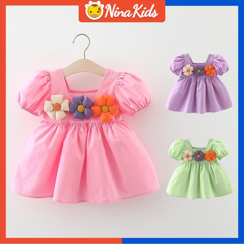 Đầm Công Chúa Mùa Hè Tay Phồng In Họa Tiết Hoa Dễ Thương Cho Bé Gái 0-4 Tuổi