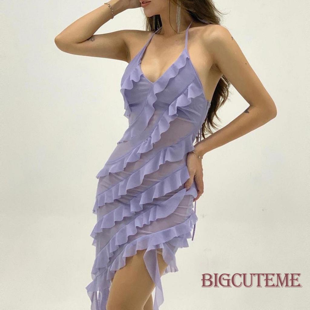 [] - Đầm Mini Không Tay Phối Lưới Màu Trơn Ôm Dáng Gợi Cảm Cho Nữ