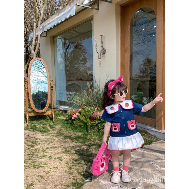 Đầm Tay Ngắn Chất Liệu Cotton Thời Trang Mùa Hè 2023 4AWD Họa Tiết Chú Gấu / Dâu Tây Dễ Thương Cho Bé