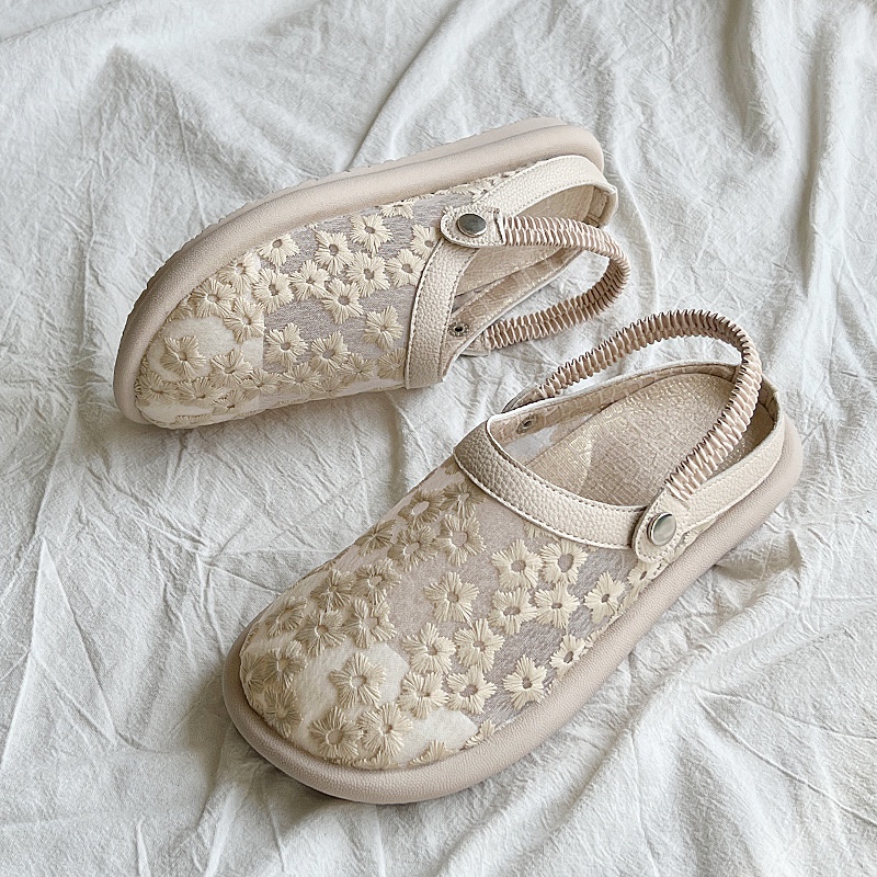 Duoya Tóc Thẳng ~ [Hàng Có Sẵn] Giày Sandal Bít Mũi Đế Mềm Thoáng Khí Phối Ren Rỗng Đơn Giản Dễ Phối Đồ Hàng Miễn Phí Cho Nữ