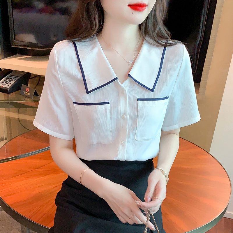 Áo Sơ Mi Satin Tay Ngắn Màu Sắc Tương Phản Phong Cách Pháp Chất Lượng Cao Cho Nữ