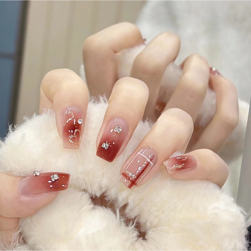 Móng Tay Giả Màu Nâu Đỏ Sọc Caro Có Thể Tháo Rời