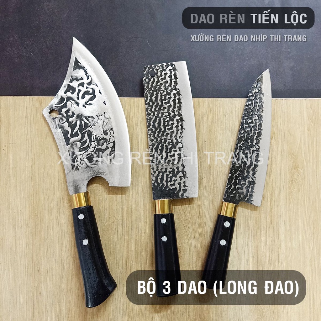 Bộ Dao Nhà Bếp Đa Năng - Rèn Từ Thép Nhíp Dập Vân 2 Mặt, Dùng Chặt Cây, Chặt Xương, Thái Lọc Thịt