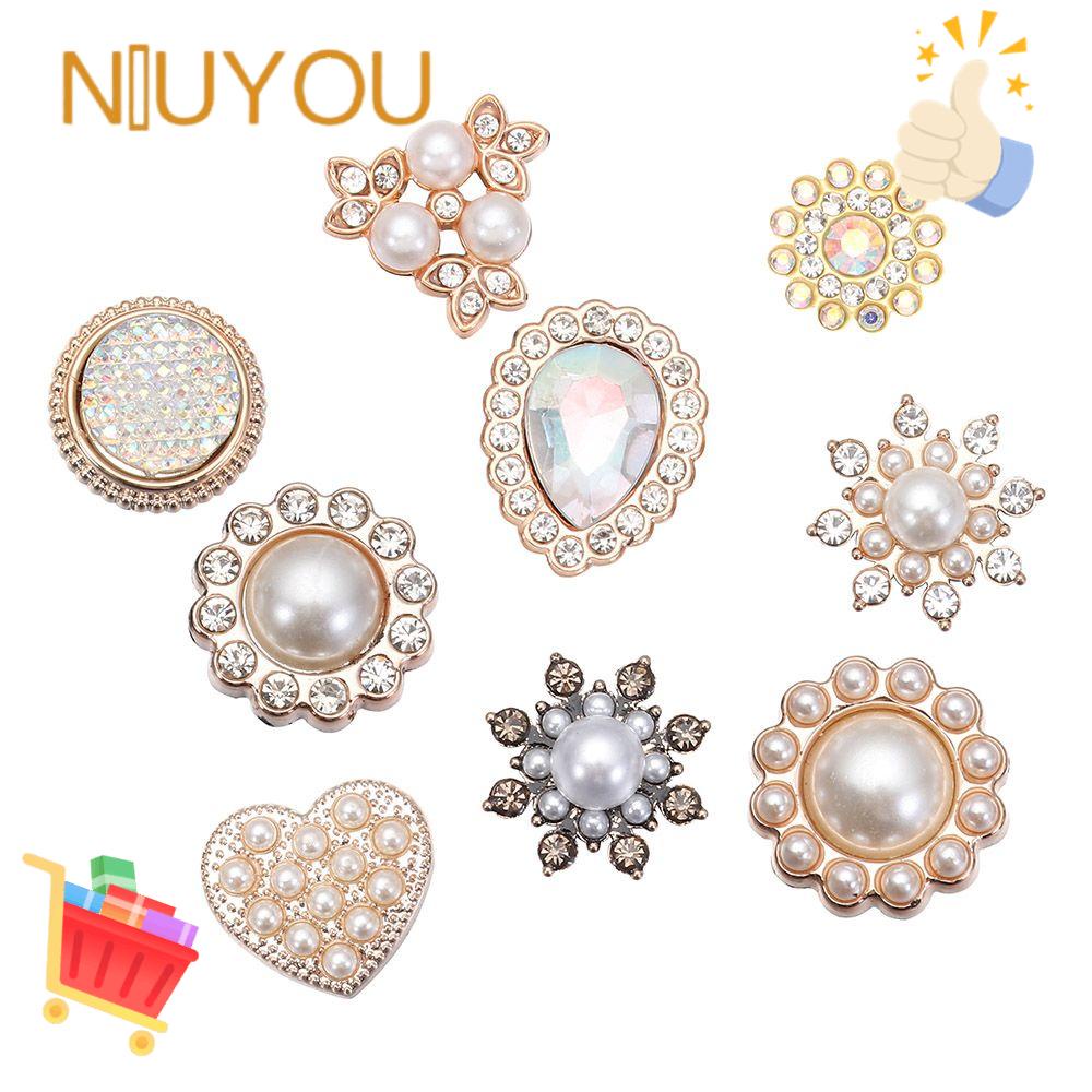 Bộ 10 Nút Hình Bông Hoa Lấp Lánh|Kẹp Tóc Ngọc Trai Giả