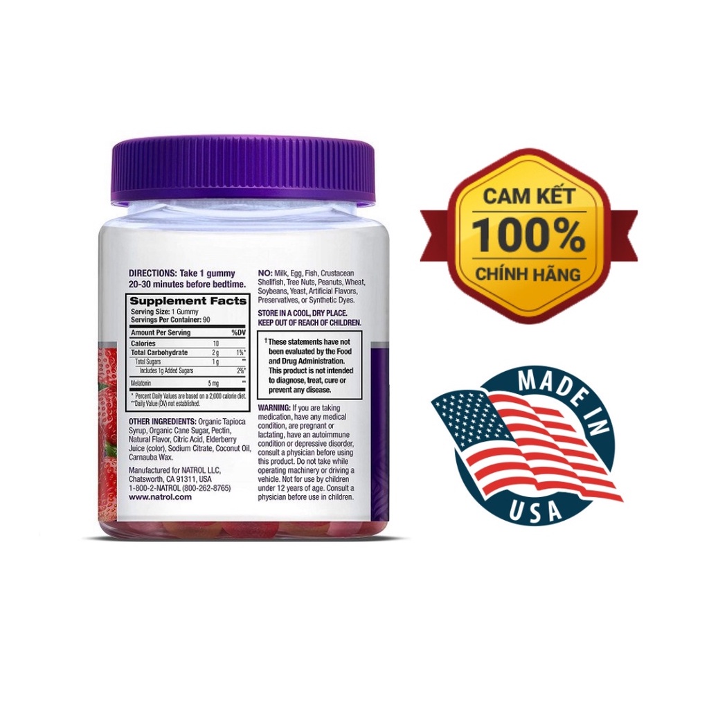 Kẹo Dẻo Cải Thiện Giấc Ngủ Natrol Gummies Melatonin 10mg Strawberry (Lọ 90 Viên)