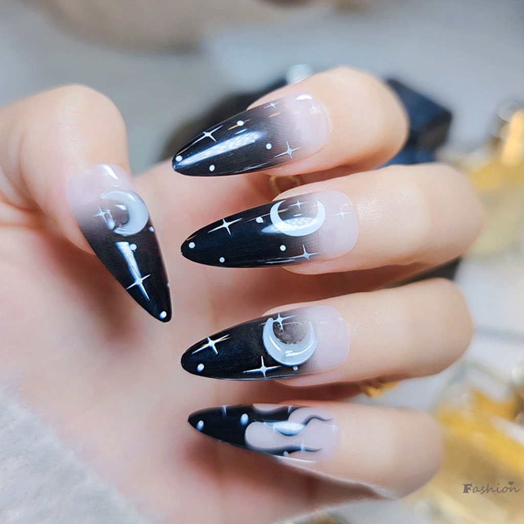 Bộ Móng Tay Giả Đầu Nhọn Hình Ngôi Sao &amp; Mặt Trăng Edge
