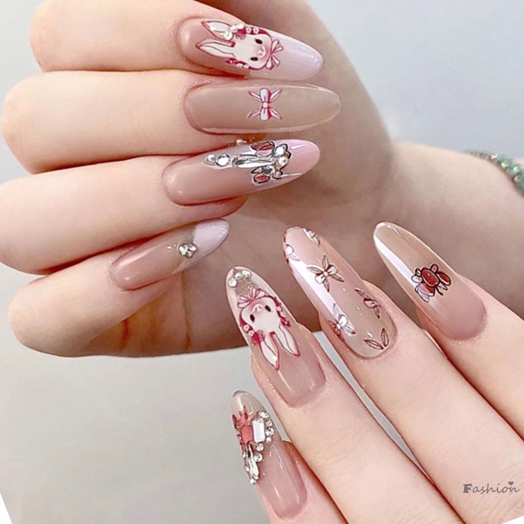 Bộ Móng Tay Giả Màu Hồng Hình Thỏ Dễ Thương Bền &amp; Không Bao Giờ Xẻ Tà