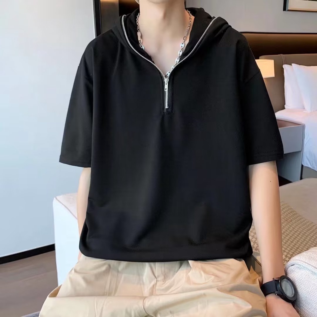 Áo Thun Lụa Lạnh Tay Ngắn Dáng Rộng Phối Khóa Kéo Thời Trang Mùa Hè Cho Nam Giới