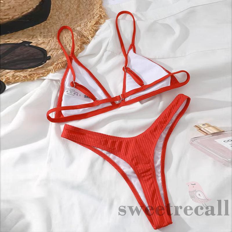 Bộ Đồ Bơi 2 Mảnh Không Tay Có Gân Màu Trơn Thời Trang Mùa Hè Cho Nữ