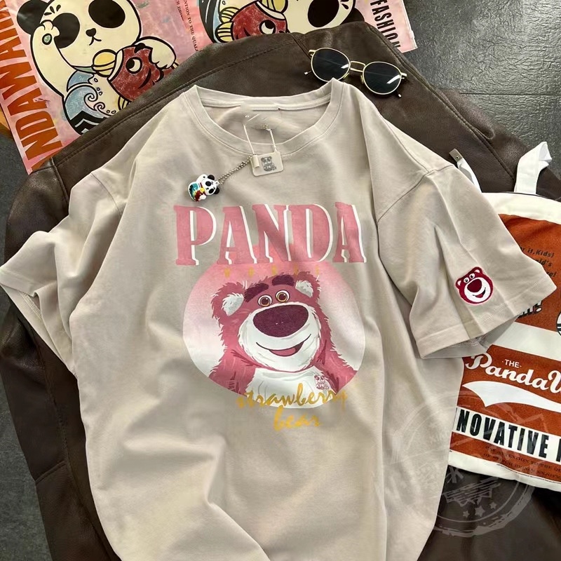 Áo phông Áo Thun Tay Ngắn Dáng Rộng In Hoạt Hình Gấu Và Dâu Tây Thời Trang Mùa Hè 2023 Cho Nữ