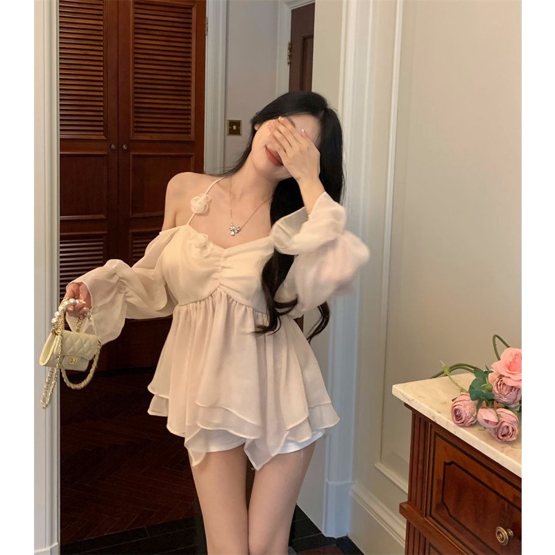 Áo Sơ Mi Chiffon Trễ Vai Phối Bèo Phong Cách Pháp