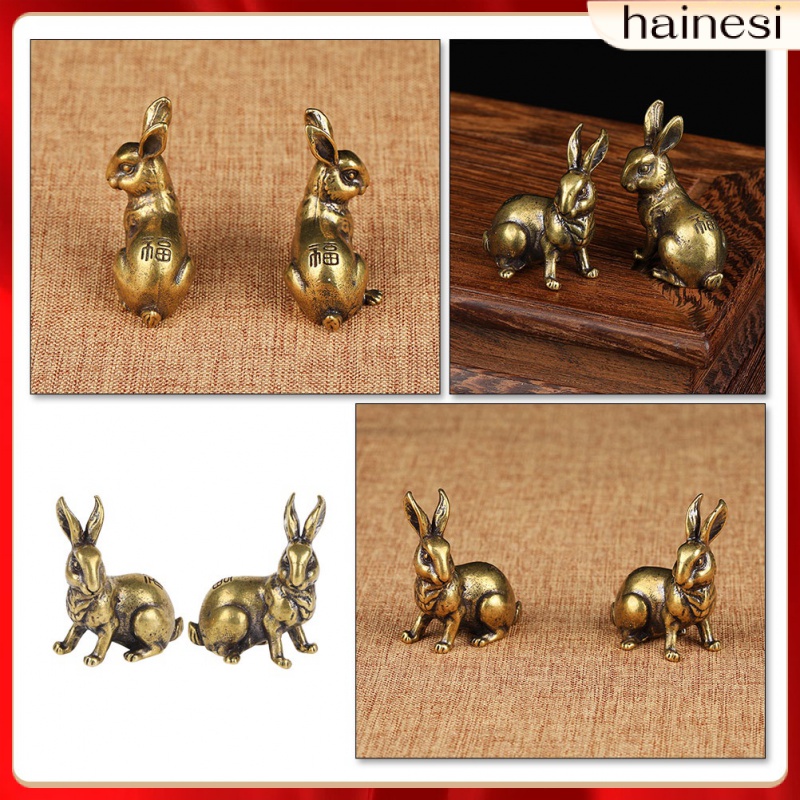 Set 2 Tượng Thỏ Mini Bằng Đồng Thau Phong Cách Trung Hoa Cổ Điển Trang Trí Nhà Cửa / Văn Phòng