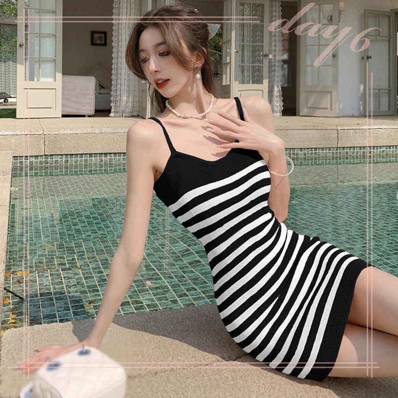 Đầm Dệt Kim Không Tay Dáng Ôm Họa Tiết Kẻ Sọc Thời Trang Hàn Quốc Quyến Rũ Cho Nữ