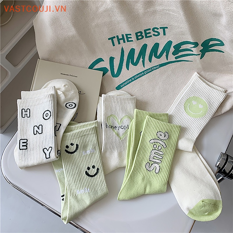 1 Đôi Tất Cotton Thoáng Khí In Hình Mặt Cười Và Chữ Đáng Yêu Cho Nữ