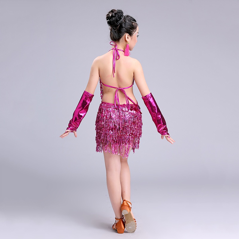 Đầm Khiêu Vũ Latin Đính Kim Sa Tua Rua Màu Đỏ Cho Bé Gái