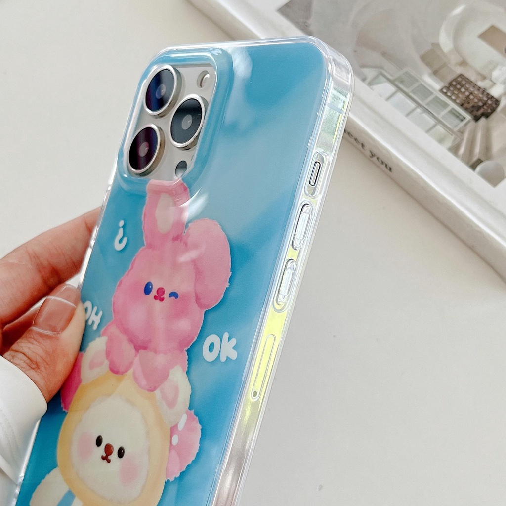 Ốp Điện Thoại Silicon TPU Mềm Trong Suốt Hai Mặt Hình Gấu Thỏ Chống Sốc Cho iPhone 14 13 12 11 Pro Max
