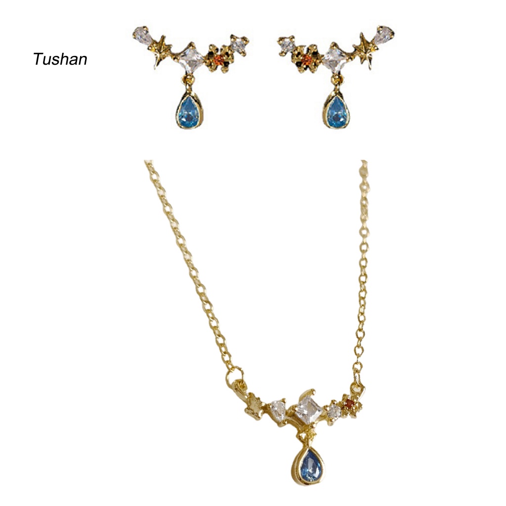 [Ts] Vòng cổ Đồng Bạc Mặt Đá Zircon Hình Giọt Nước Xanh Dương Vintage Chống Mài Mòn Mùa Hè Cho Nữ