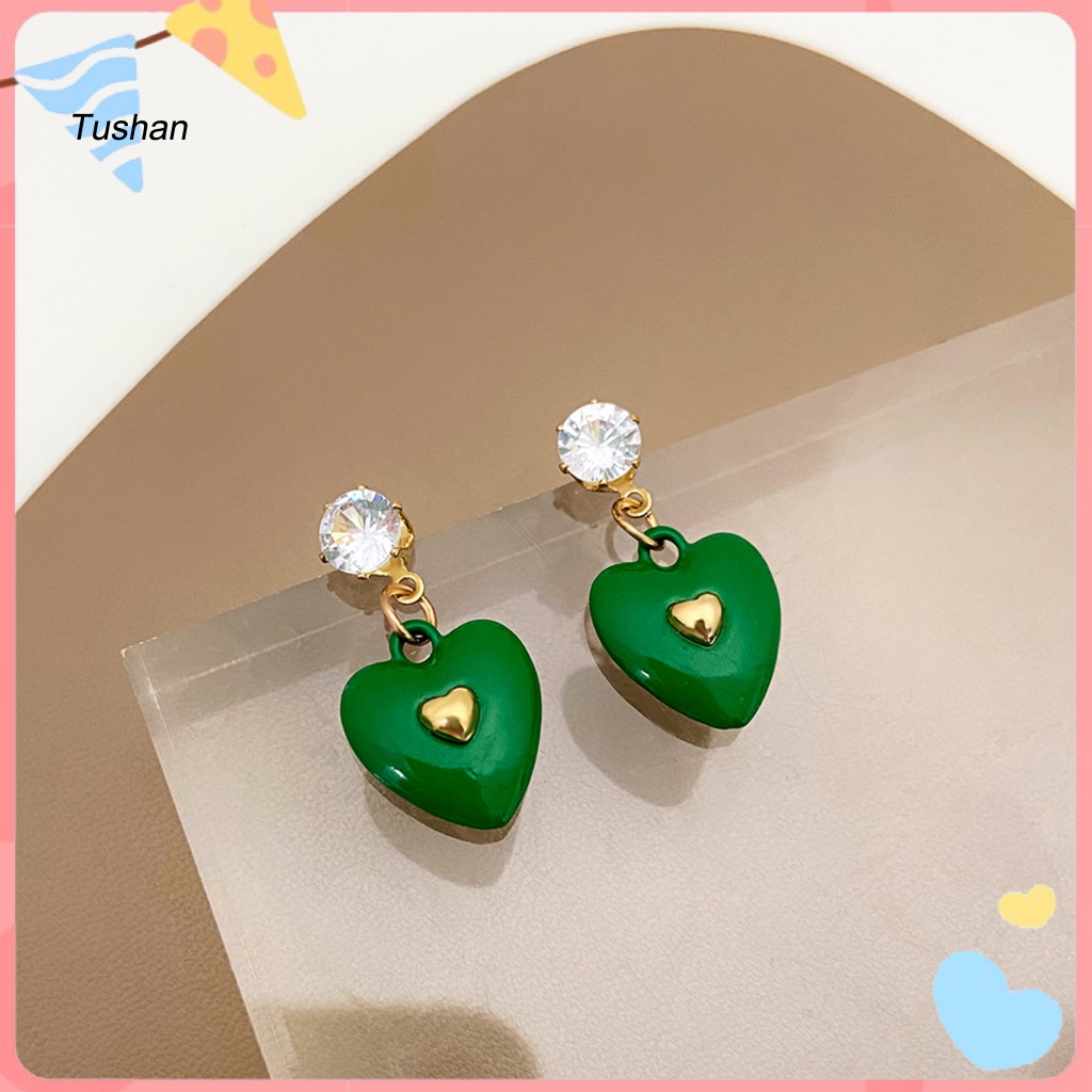 1 Đôi Bông Tai Hình Trái Tim Đính Đá Zircon Màu Sắc Tươi Sáng Dành Cho Nữ