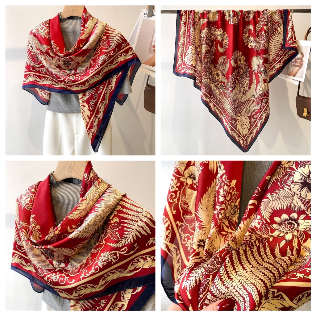 Khăn Quàng Cổ Hình Vuông Cỡ Lớn 110cm Chất Liệu Lụa Satin Phong Cách Cổ Điển Thời Trang Cho Nữ