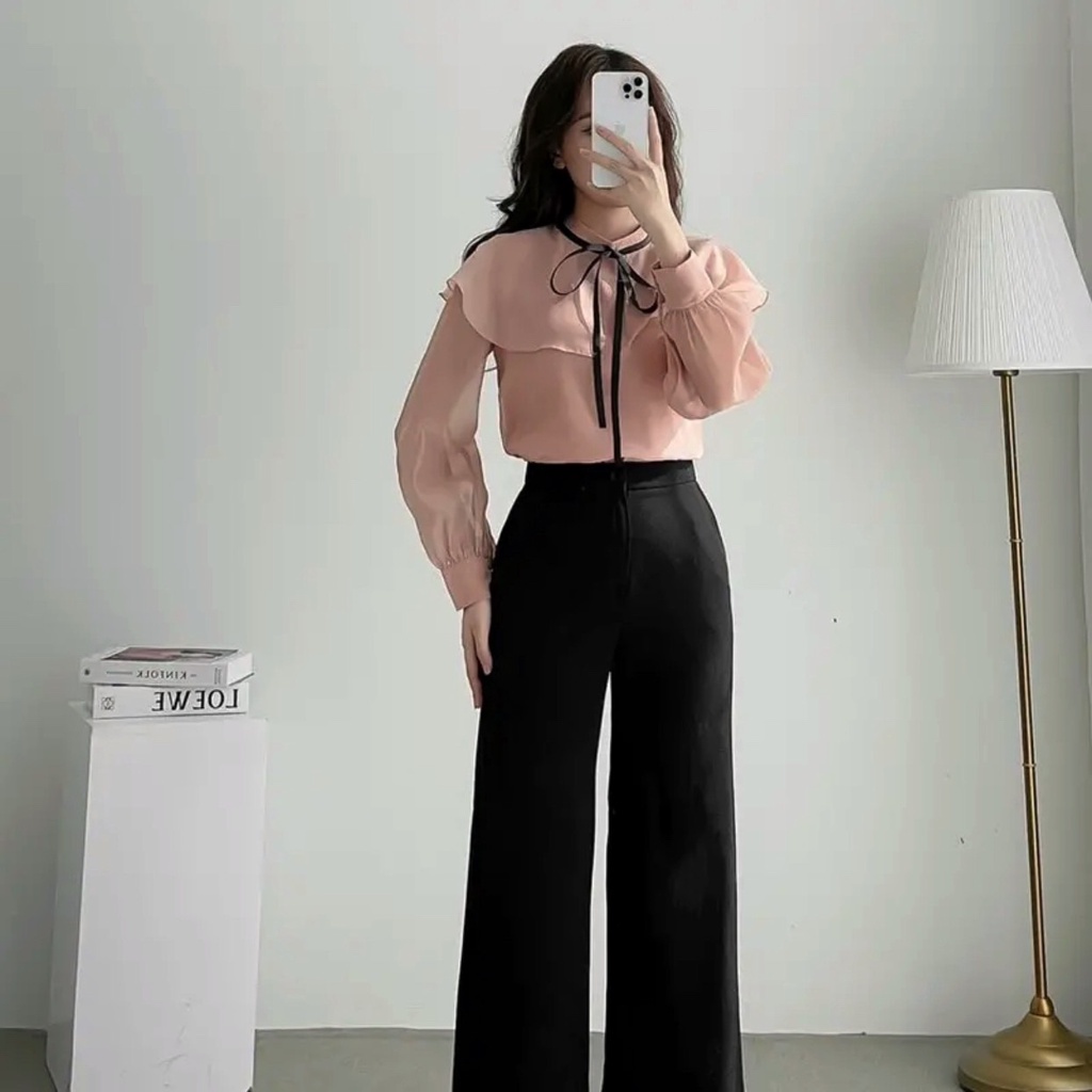 Áo sơ mi công sở tơ cổ bèo dây nơ đen dài tay L176